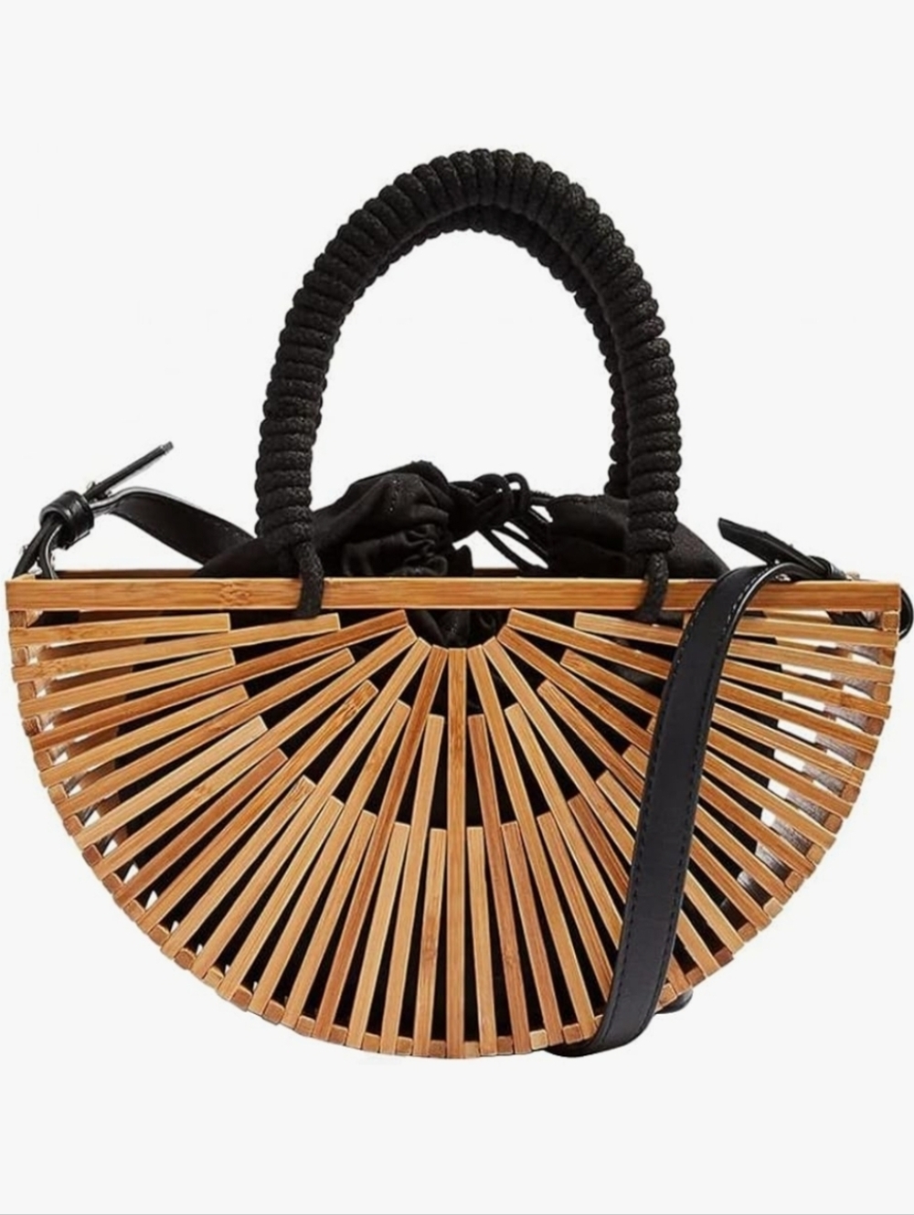 Natural Bamboo Purse Tan Black Wicker Hippie Bohemian Beach Tote Bag Long Strap